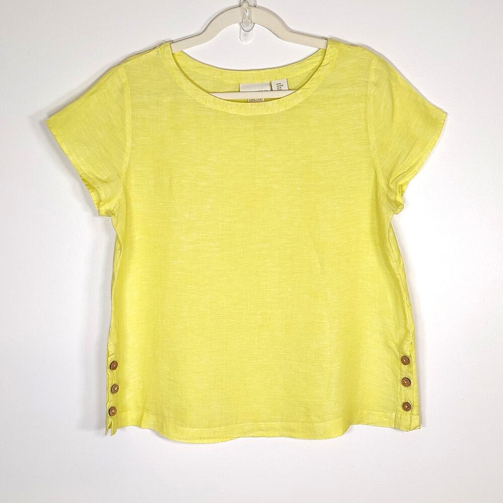 Cynthia Rowley Linen Blouse Button Detail Yellow Short Sleeve Top M